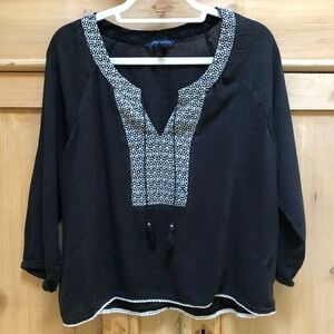 American Eagle Outfitters Black Peasant Top with White Embroidery Size M